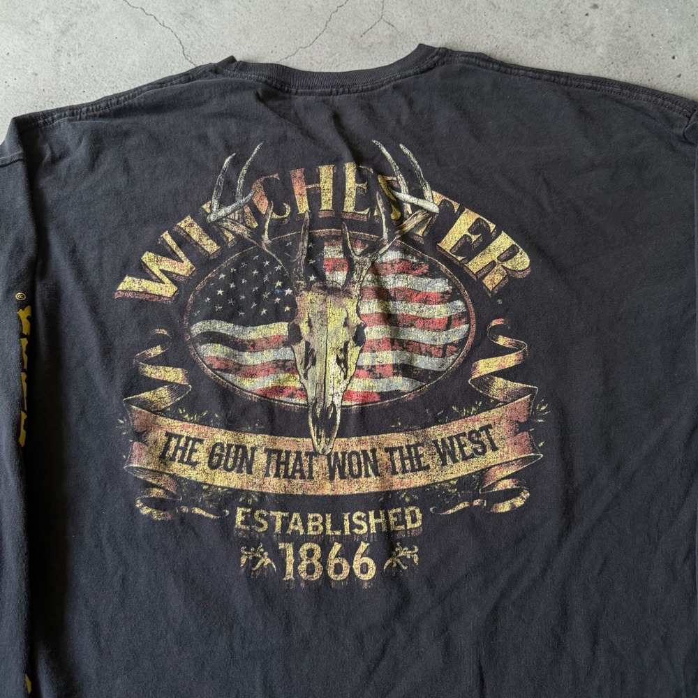 Winchester Mens 2XL Long Sleeve Graphic T-Shirt Black Deer Skull American Flag